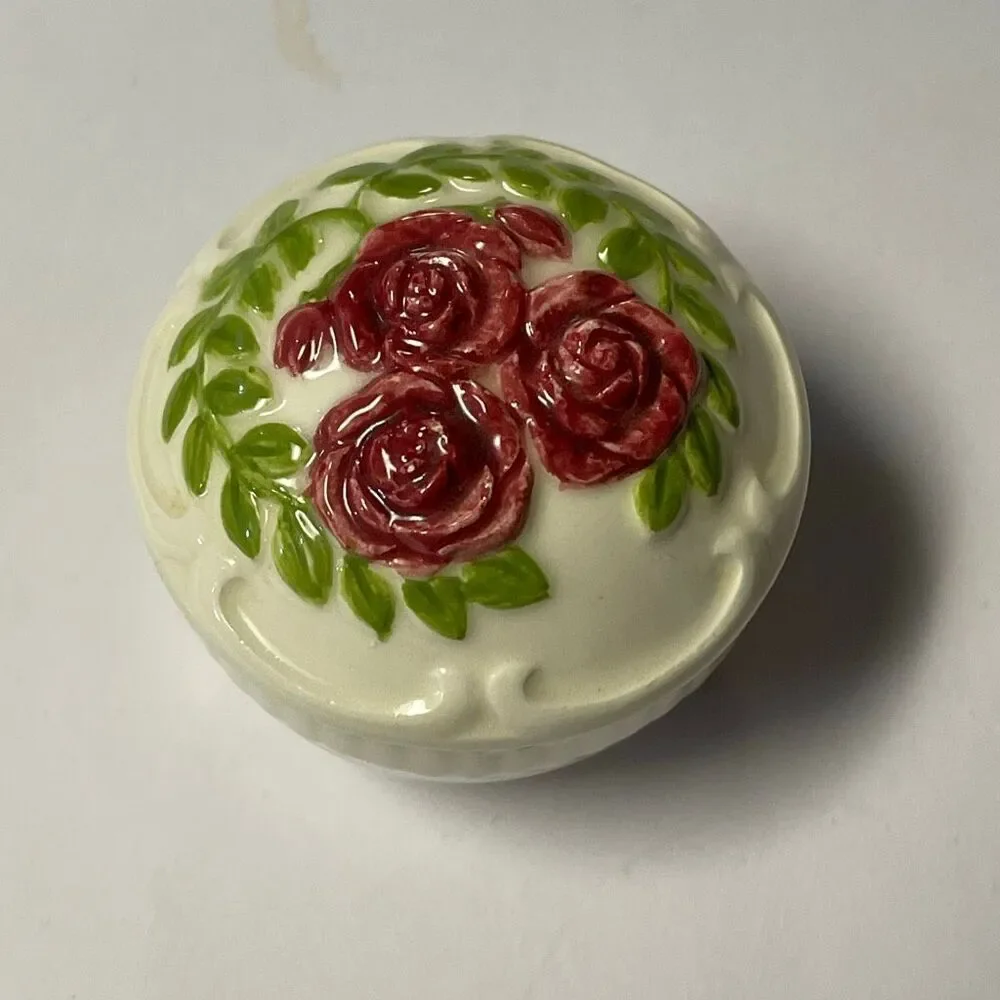 Vintage porcelain trinket box raised roses footed Victorian antique style shabby